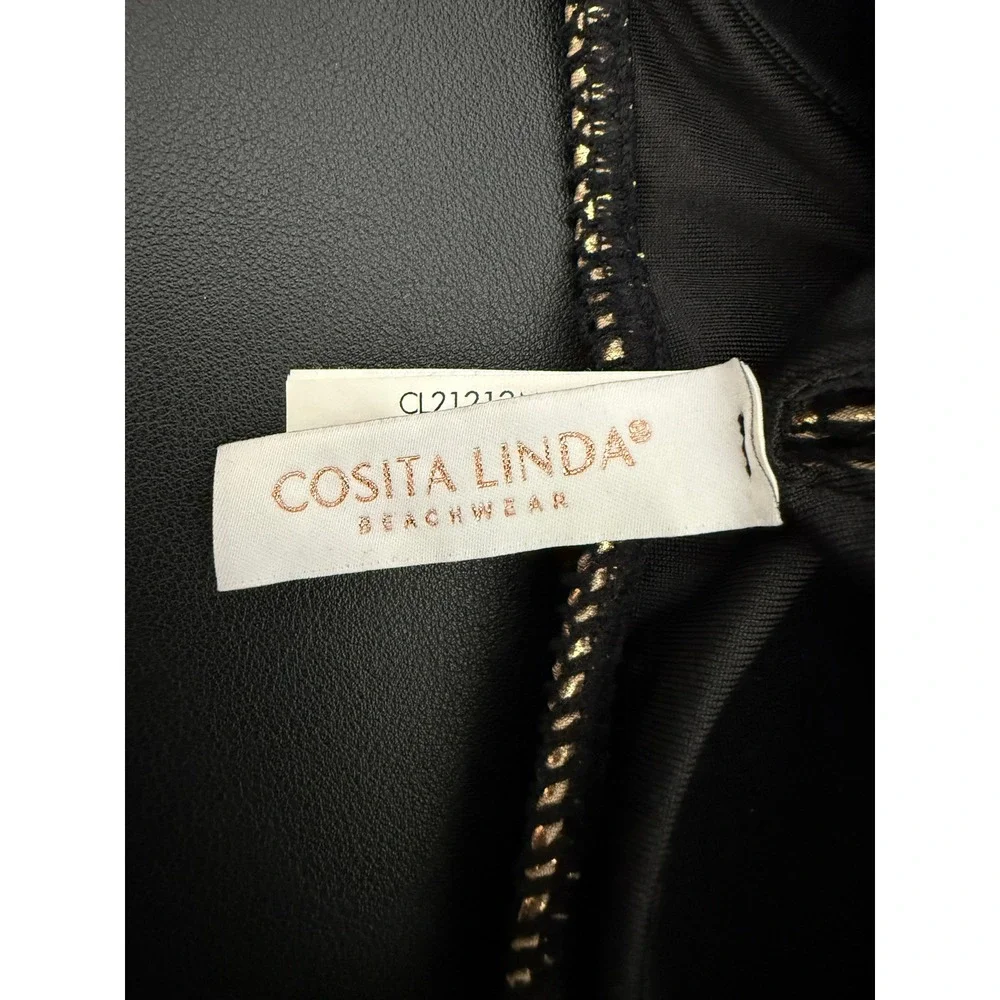 Cosita Linda Black Gold Metallic Lace Up Overlay One Piece Swimsuit‎ Resort Sz S
